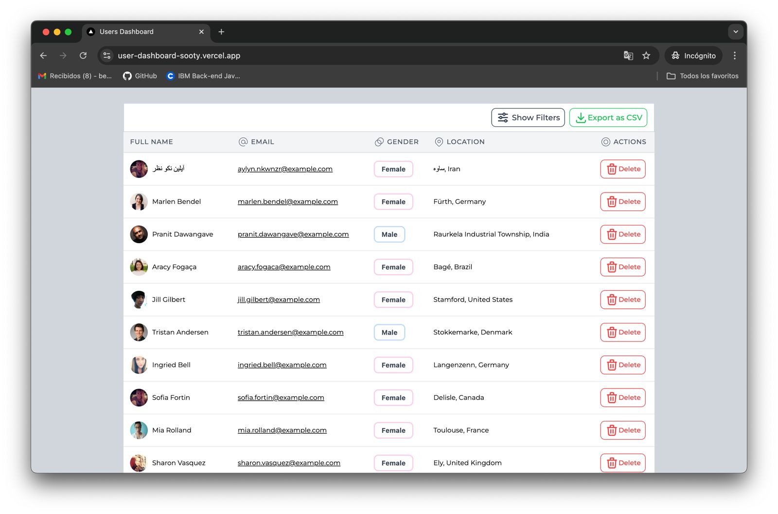 Aplicación para mostrar y filtrar información, con la posibilidad de eliminar usuarios. La aplicación consume una API REST de usuarios y muestra operaciones CRUD, paginación y diseños modernos.