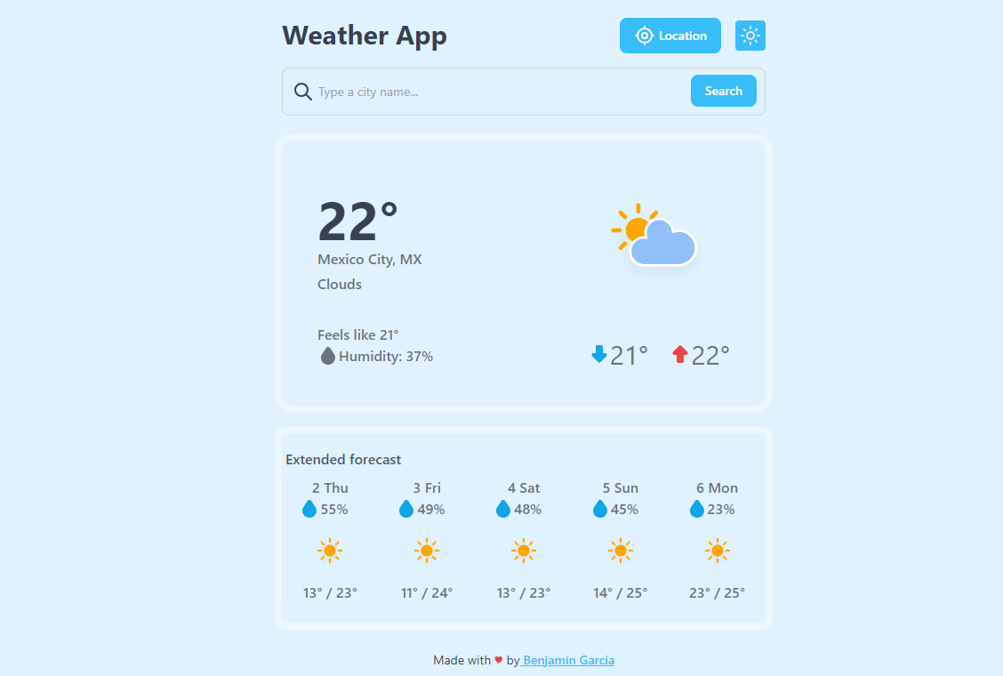 Aplicación del clima realizada como prueba tecnica para la empresa en la cual laboro actualmente, con el fin de mostrar mis habilidades como desarrollador frontend.